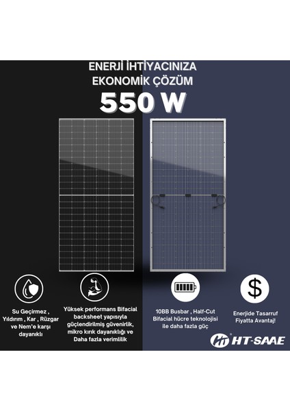 HT-SAAE HT72-18X Transparan Şeffaf 550 Watt Güneş Enerji Paneli Half-Cut Monokristal Yüksek Verimli Bifacial Hücre