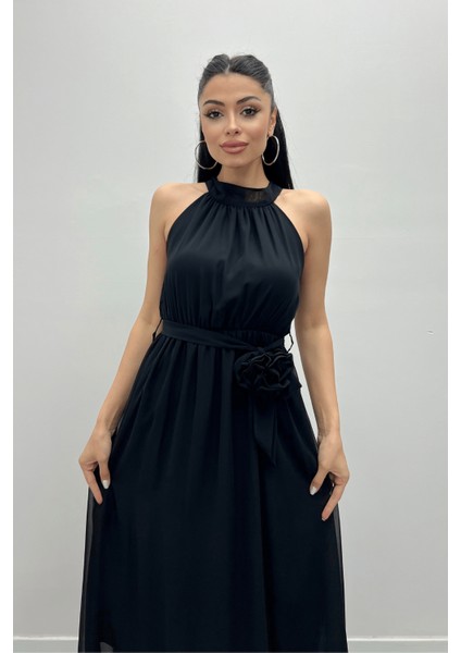 Şifon Kumaş Beli Lastikli Midi Elbise - Siyah