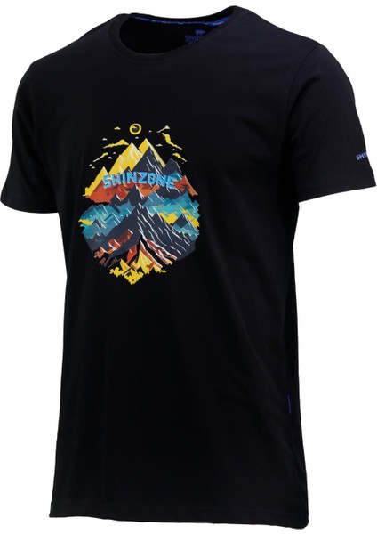 Erkek Bisiklet Yaka Mevsimlik Göğüs Baskılı Standart Fit Siyah T-Shirt