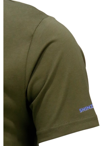 Erkek Bisiklet Yaka Mevsimlik Göğüs Baskılı Standart Fit Haki T-Shirt