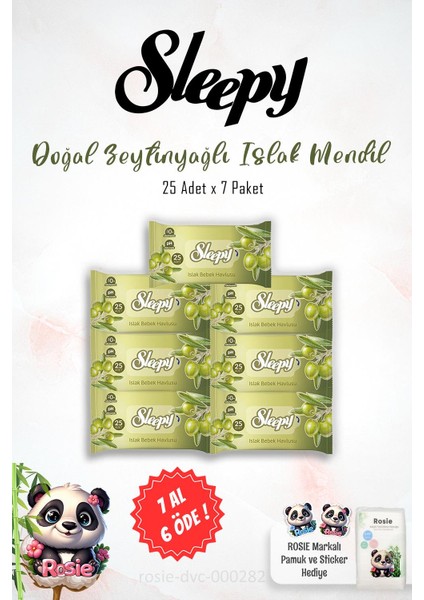 7 Al 6 Öde Sleepy Doğal Zeytinyağlı Islak Mendil 25'li ve Rosıe fiyatları