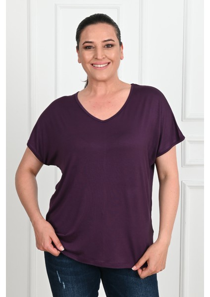 Kadın V Yaka Büyük Beden T-Shirt 1486-23 modelleri