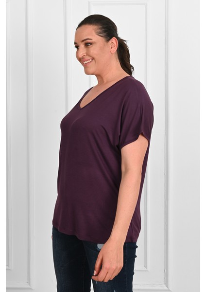 Kadın V Yaka Büyük Beden T-Shirt 1486-23 indirimleri