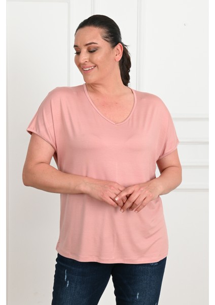 Kadın V Yaka Büyük Beden T-Shirt 1486-23