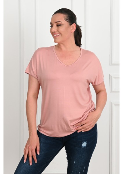 Kadın V Yaka Büyük Beden T-Shirt 1486-23 fırsatları