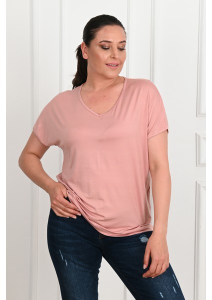 Kadın V Yaka Büyük Beden T-Shirt 1486-23 indirimleri