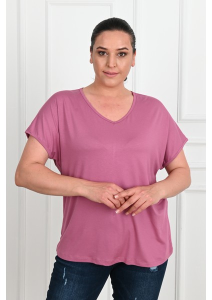 Kadın V Yaka Büyük Beden T-Shirt 1486-23