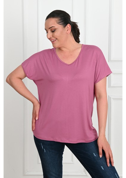 Kadın V Yaka Büyük Beden T-Shirt 1486-23