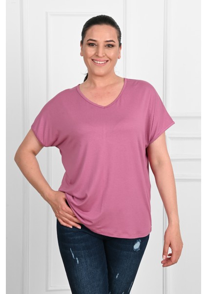 Kadın V Yaka Büyük Beden T-Shirt 1486-23