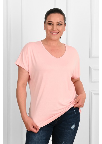 Kadın V Yaka Büyük Beden T-Shirt 1486-23 modelleri