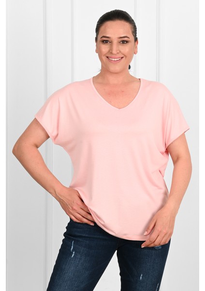 Kadın V Yaka Büyük Beden T-Shirt 1486-23 indirimleri