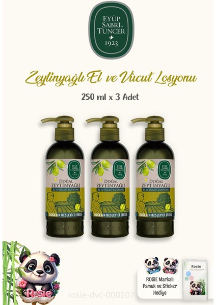 Doğal Zeytinyağlı Vücut Losyonu 250 ml 3 Adet ve Rosıe Pamuk