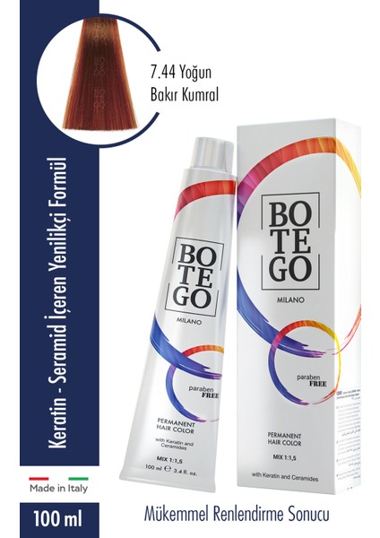 Botego Milano Profesyonel Krem Boya 7.44 Yoğun Bakır Kumral 100 ml