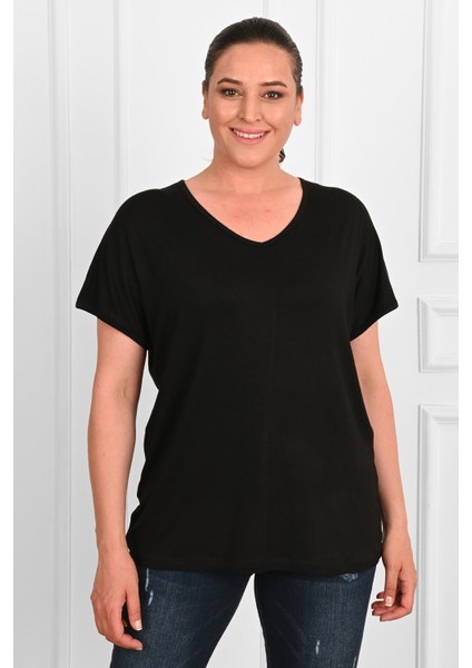 Kadın V Yaka Büyük Beden T-Shirt 1486-23 fırsatları