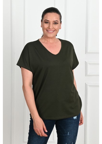Kadın V Yaka Büyük Beden T-Shirt 1486-23 fırsatları