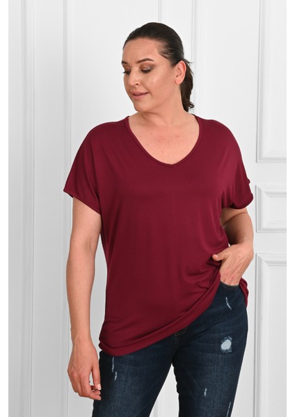 Kadın V Yaka Büyük Beden T-Shirt 1486-23 indirimleri