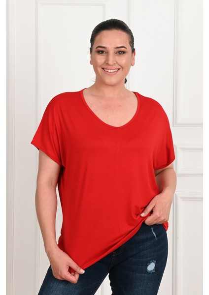 Kadın V Yaka Büyük Beden T-Shirt 1486-23 fırsatları