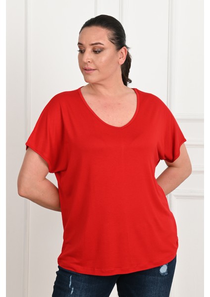 Kadın V Yaka Büyük Beden T-Shirt 1486-23 indirimleri