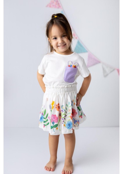 Kız Çocuk Tavşan Kulaklı Cepli T-Shirt
