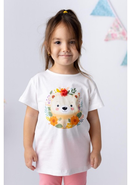 Kız Çocuk Ayı Baskılı 3 Boyutlu Çiçekli T-Shirt