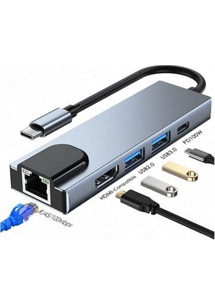 Type-C Hub 5in1 2 Port USB 3.0 + 100MPBS Ethernet + HDMI + Type-C Çevirici
