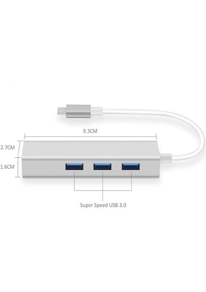 Type-C Hub 3 Port USB 3.0 Çoklayıcı + 1000 Mpbs Ethernet Çevirici