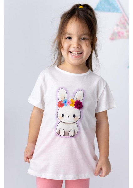 Kız Çocuk Tavşan Baskılı 3 Boyutlu Çiçekli T-Shirt
