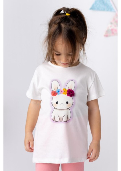 Kız Çocuk Tavşan Baskılı 3 Boyutlu Çiçekli T-Shirt fiyatları