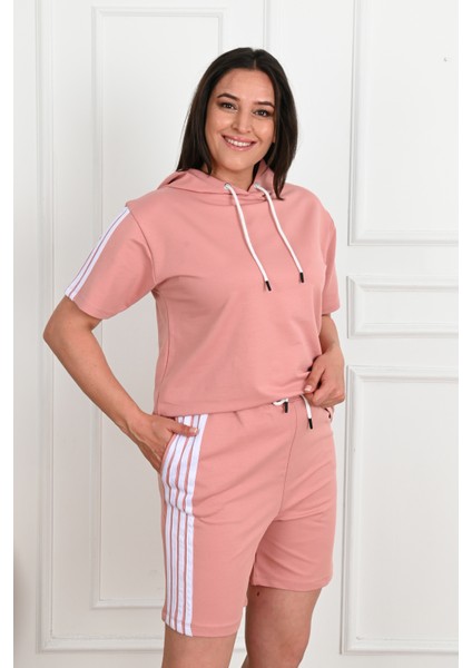 Kadın Çizgi Detaylı Büyük Beden Şortlu Takım 3768-23