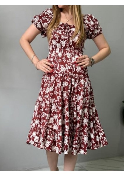 Bordo Çiçek Desenli Elbise