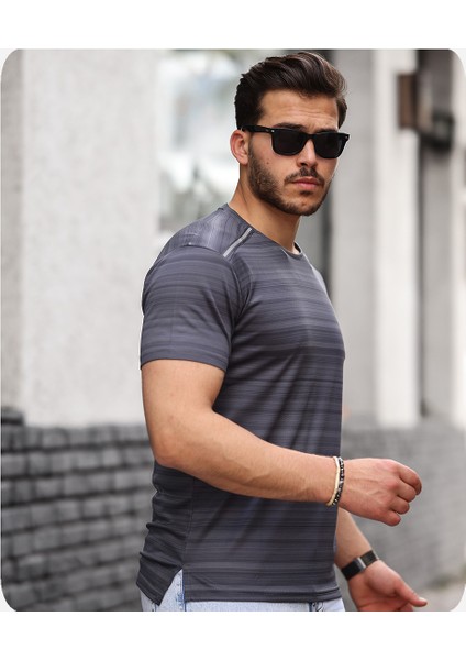 Mens Style Reflektör Şeritli Çizgili Spor T-Shirt