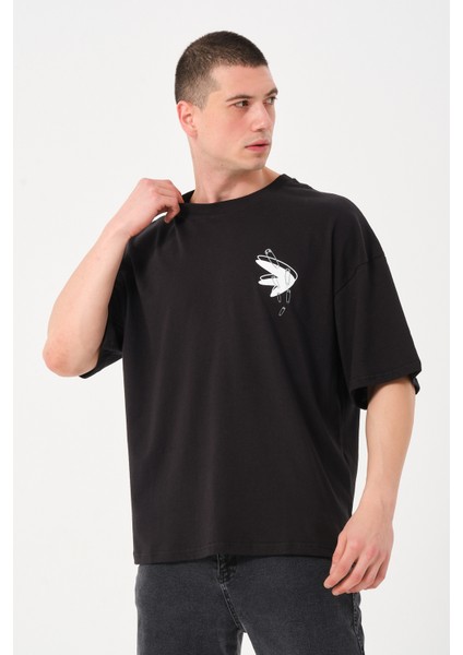 Erkek Bisiklet Yaka Baskılı Oversize T-Shirt