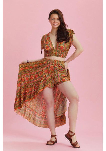 Derin Ön Yırtmaçlı Fırfırlı Uzun Çingene Etek