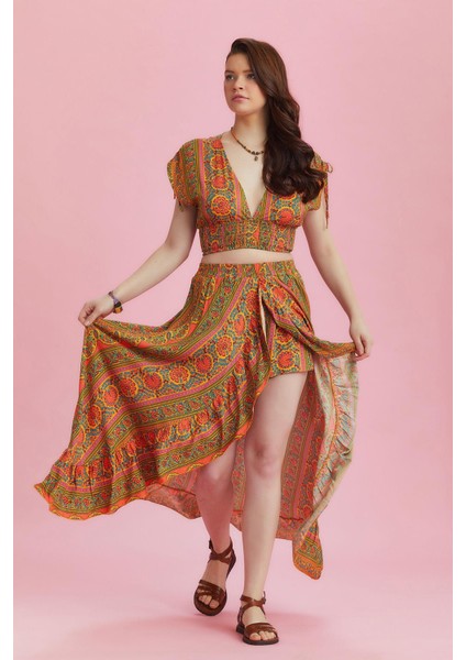 Derin Ön Yırtmaçlı Fırfırlı Uzun Çingene Etek fiyatları