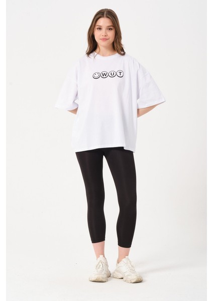 Unisex Beyaz Bisiklet Yaka Baskılı Oversize T-Shirt