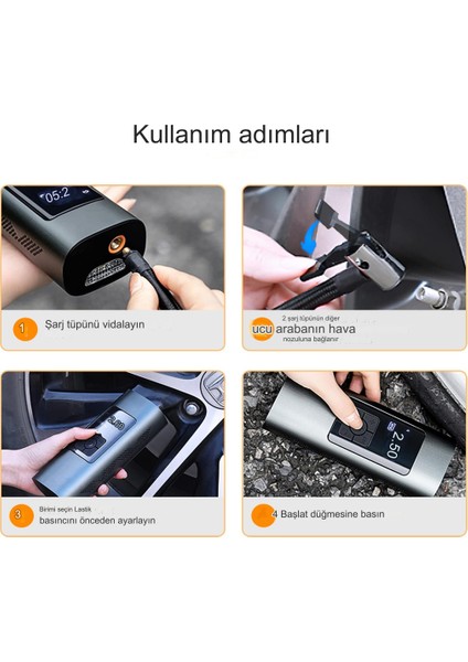 Çok Amaçlı Şarjlı Işıklı Taşınabilir Elektrikli Hava Kompresörü Lastik Pompası Siyah