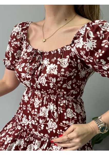 Bordo Çiçek Desenli Elbise fırsatları