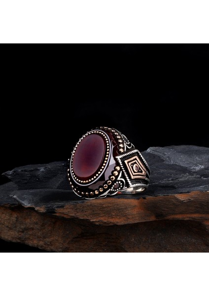 925 Ayar Gümüş Çember Akik Taşlı Oval Model Erkek Yüzük fırsatları