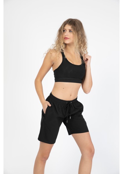 Kadın Siyah Düz Renk Iki Yan Cepli Uzun Boy Mayo Deniz Şortu
