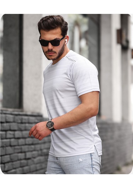 Mens Style Reflektör Şeritli Çizgili Spor T-Shirt
