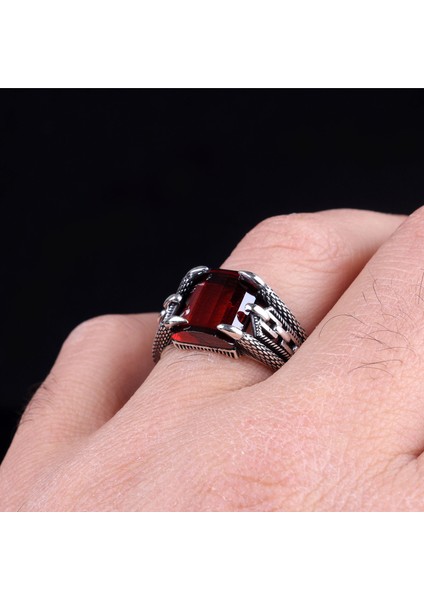 Kırmızı Renk Zirkon Taşlı Zincir Model Gümüş Yüzük