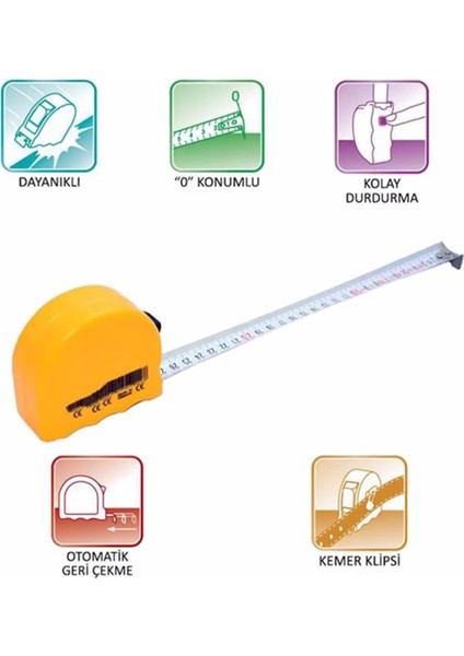 Şerit Metal Bükülebilir Metre 3 M x 16 mm Sarı Renk Düğmeli Ölçüm Ölçme Plastik Kasalı