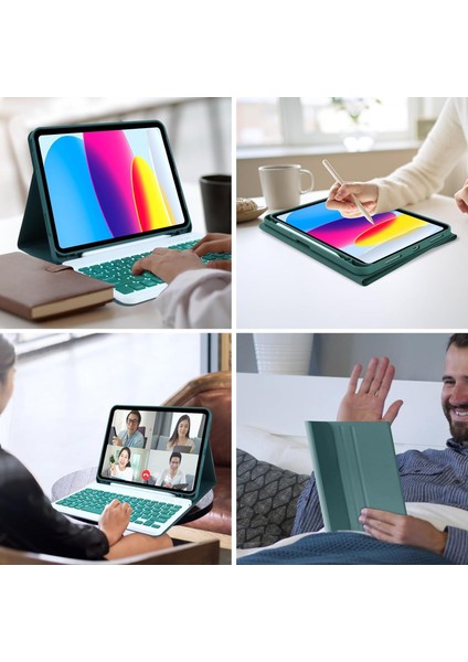 Apple iPad 10. Nesil 10.9 (2022) Rgb LED Işıklı Türkçe Karakterli Bluetooth Özellikli Kalemlikli Klavyeli Kılıf A2696 A2757 A2777 A3162