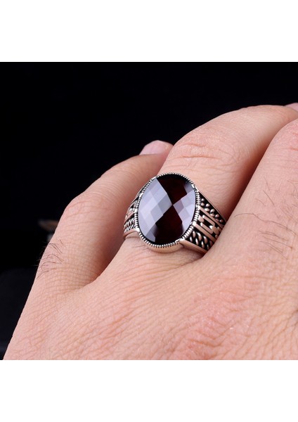 Kırmızı Renk Zirkon Taşlı 925 Ayar Gümüş Erkek Yüzük