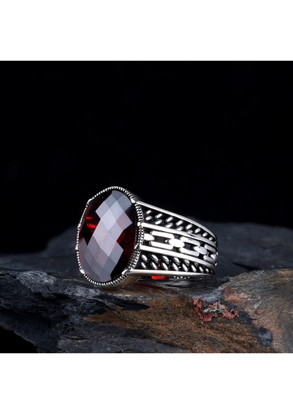 Kırmızı Renk Zirkon Taşlı 925 Ayar Gümüş Erkek Yüzük fiyatları