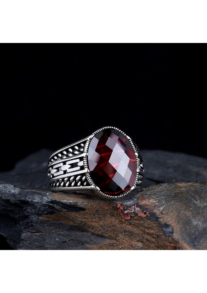 Kırmızı Renk Zirkon Taşlı 925 Ayar Gümüş Erkek Yüzük modelleri