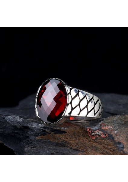 Kırmızı Renk Zirkon Taşlı Petek Model 925 Ayar Gümüş Erkek Yüzük