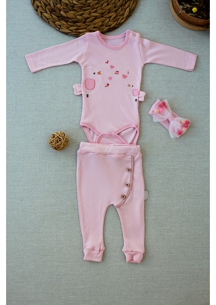 3-6 6-9 9-12 Ay Şarkıcı Kuşlar Nakışlı Bandanalı Uzun Kollu Zıbınlı 3lü Kız Bebek Takımı