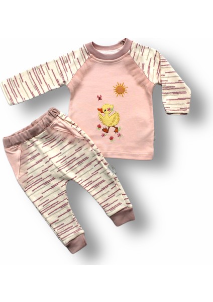 0-3 3-6 6-9 Ay Süslü Ördek Nakışlı Uzun Kollu Sweatli 2li Kız Bebek Takımı