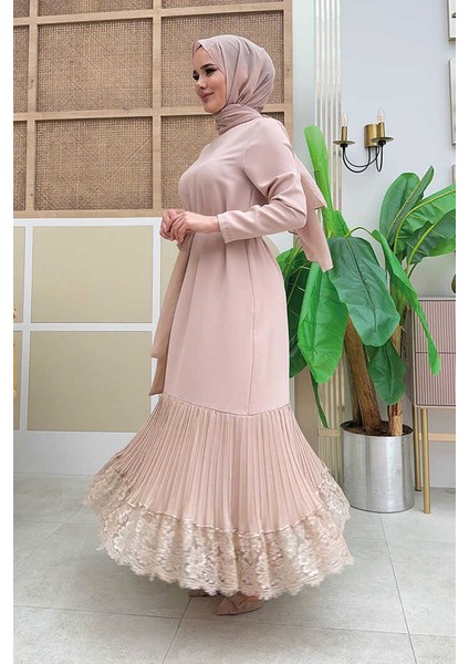 Etek Ucu Piliseli Dantel Görünümlü Kuşaklı Elbise 3890 Taş fiyatları